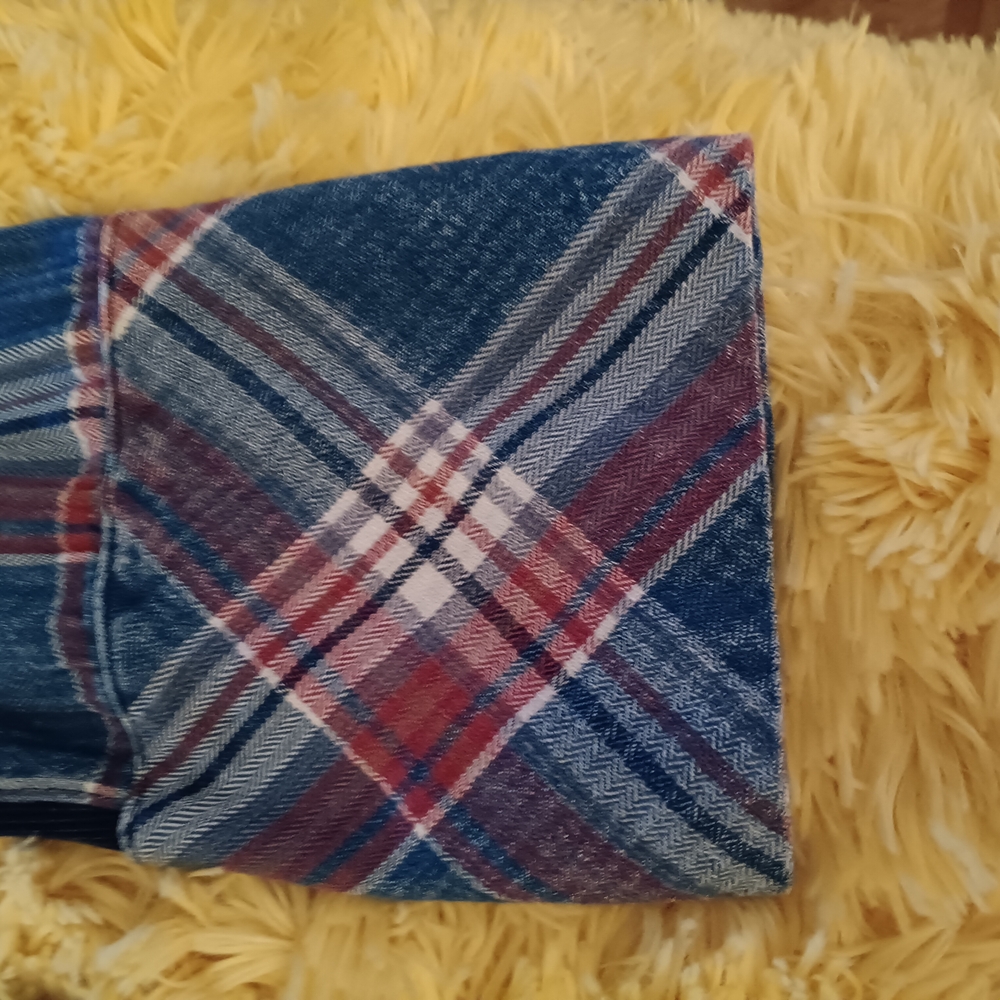Ci Sono Blue & Red Plaid Button-Down Shirt w/ Navy Stetchy Slimming Panels L - Picture 6 of 10